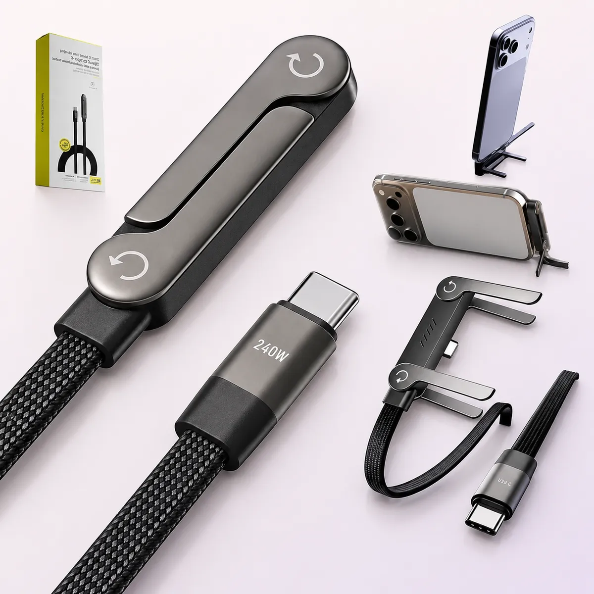 Cablu USB-C 240W cu suport pliabil pentru telefon