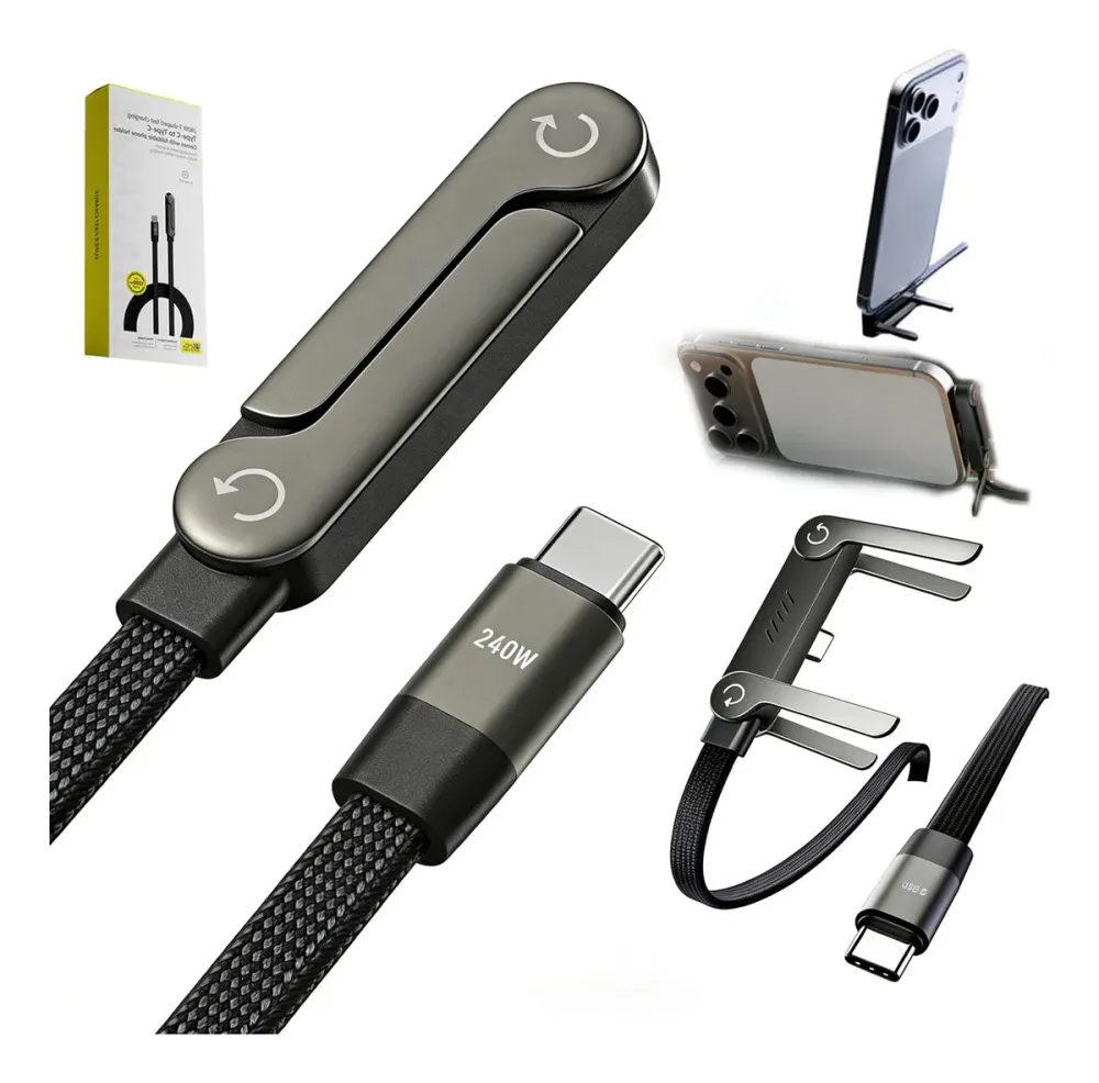 Cablu USB-C la USB-C 1,5 m cu Încărcare Rapidă PD 3.1 și Suport Pliabil pentru Telefon